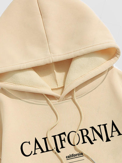 Men's Casual Letter California Pattern Fuzzy Fleece-lined Kangaroo Pocket Design Pullover Hoodie