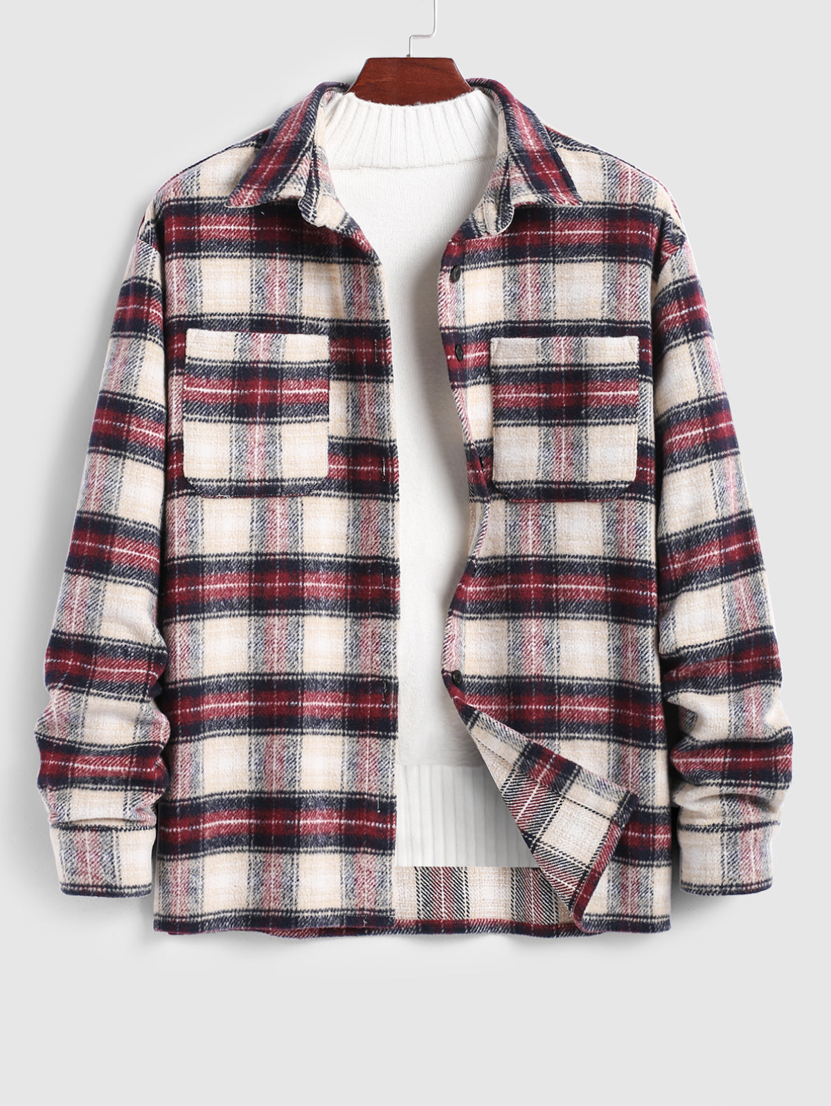 Men's Casual Plaid Pattern Fluffy Fleece Pocket Design Single-breasted Shacket