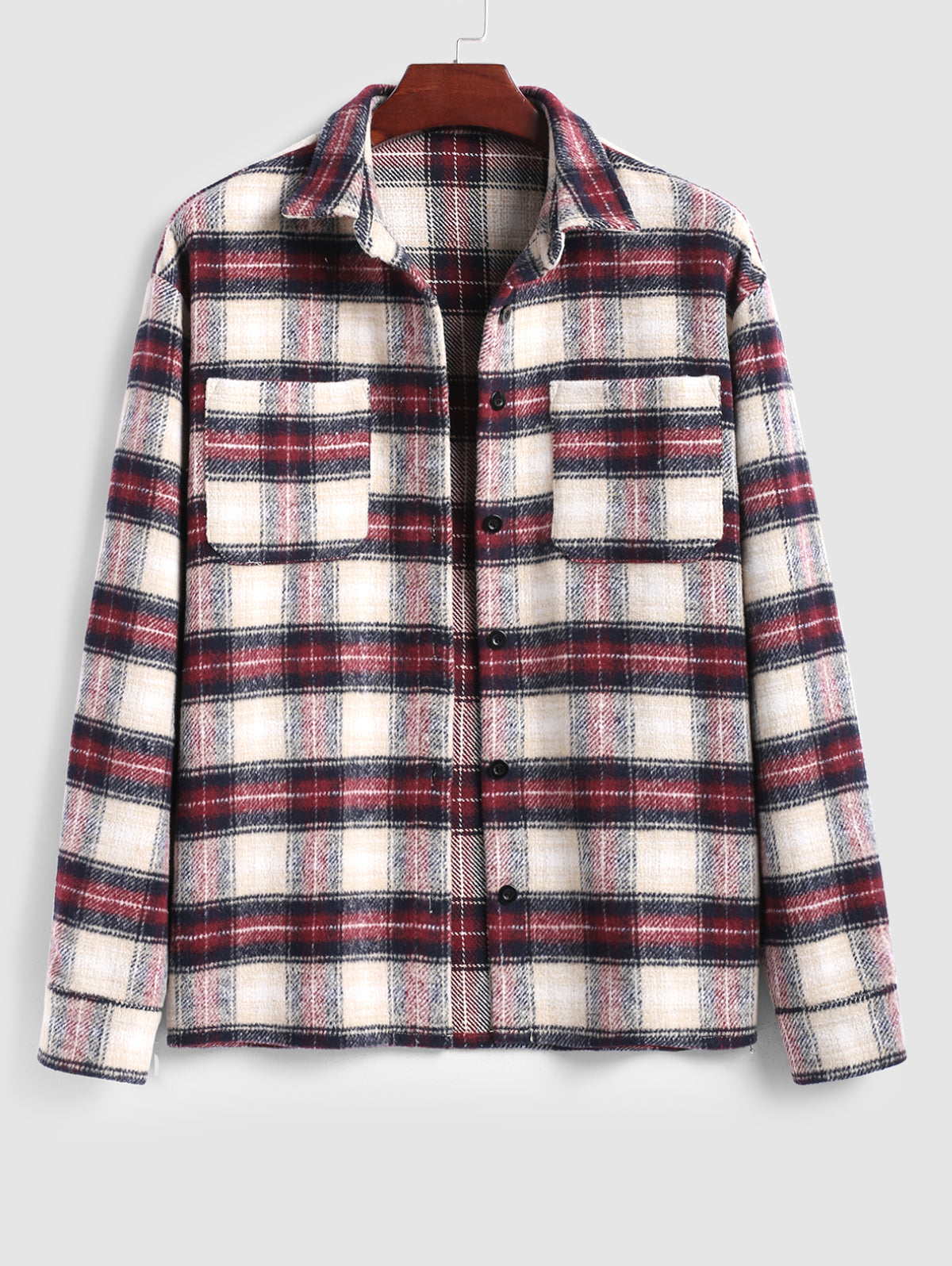 Men's Casual Plaid Pattern Fluffy Fleece Pocket Design Single-breasted Shacket