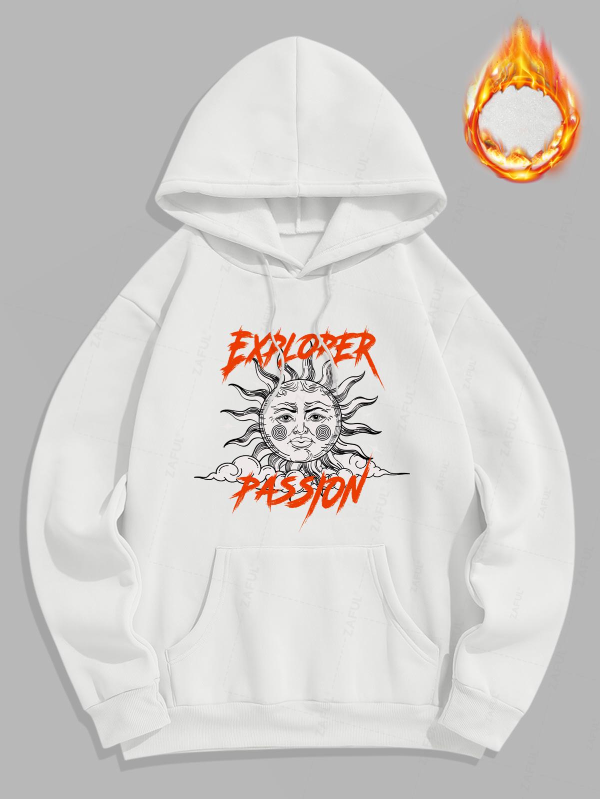 Men's Casual Letter Sun Pattern Fuzzy Fleece-lined Kangaroo Pocket Design Pullover Hoodie