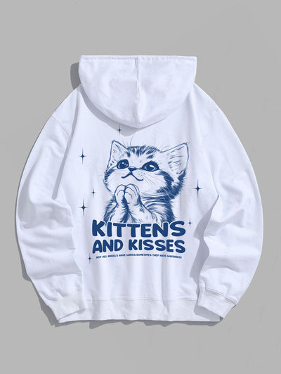 Men's Kittens And Kisses Letter Cat Pattern Kangaroo Pocket Pullover Hoodie