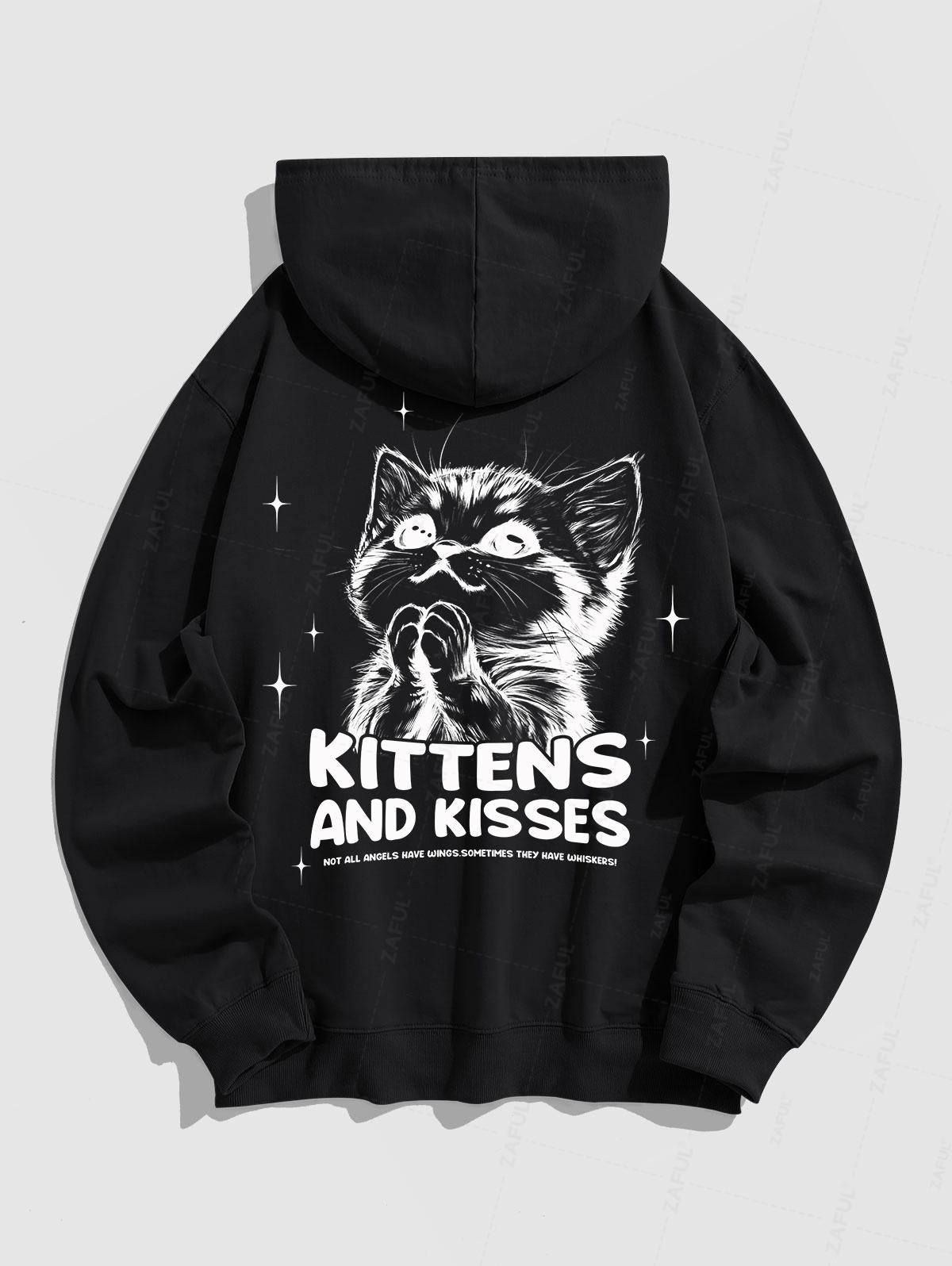 Men's Kittens And Kisses Letter Cat Pattern Kangaroo Pocket Pullover Hoodie