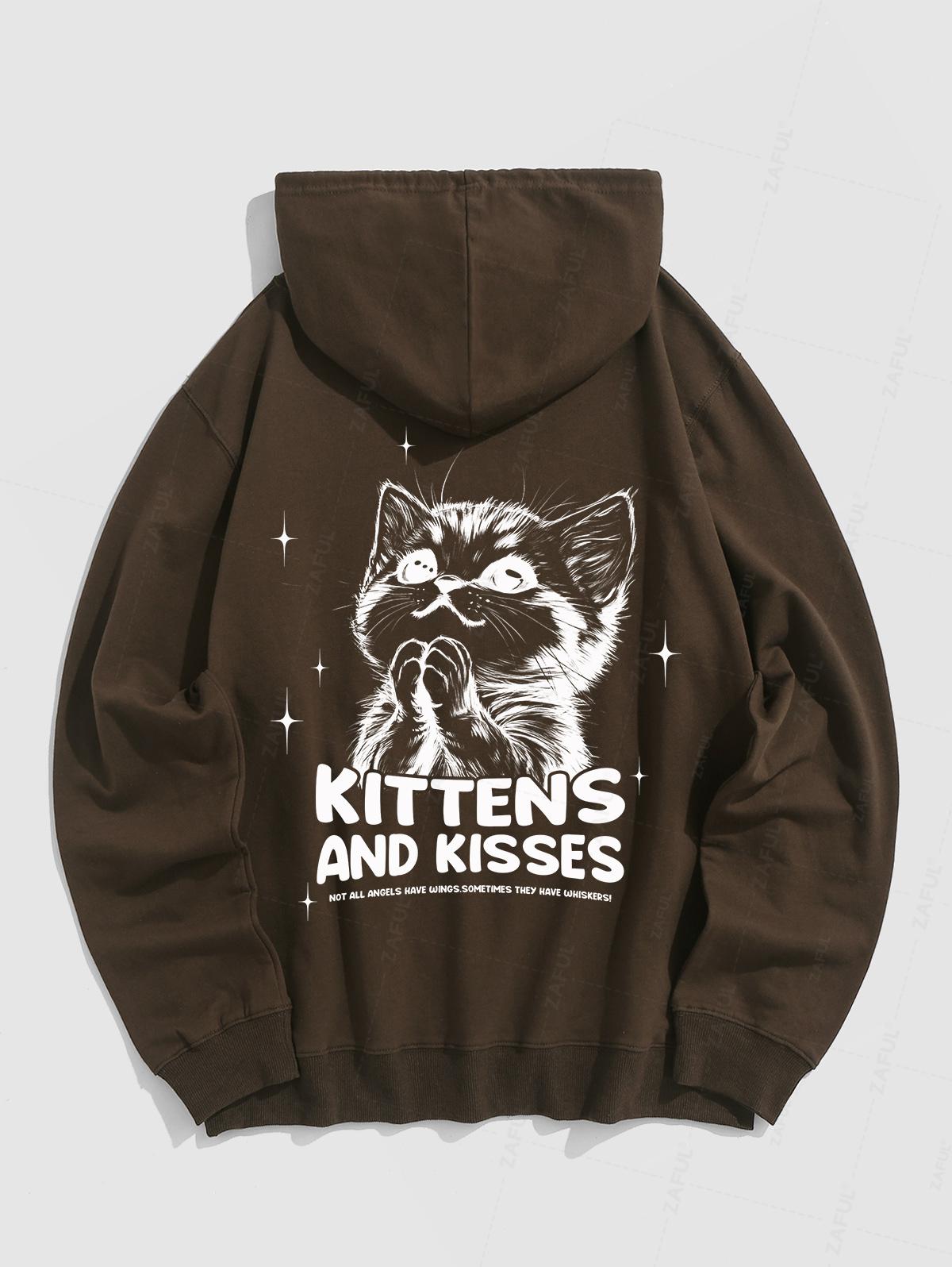 Men's Kittens And Kisses Letter Cat Pattern Kangaroo Pocket Pullover Hoodie