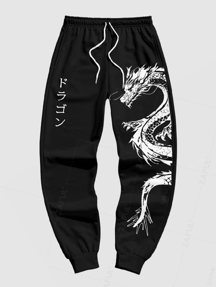 Men's Casual Japanese Dragon Pattern Fuzzy Fleece-lined Drawstring Jogger Sweatpants Kosyway