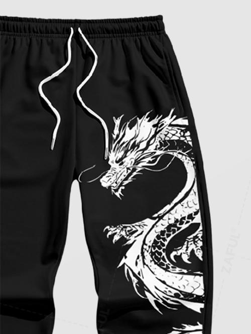 Men's Casual Japanese Dragon Pattern Fuzzy Fleece-lined Drawstring Jogger Sweatpants Kosyway