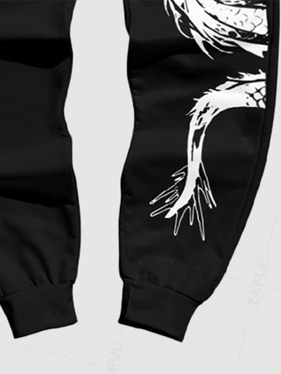 Men's Casual Japanese Dragon Pattern Fuzzy Fleece-lined Drawstring Jogger Sweatpants Kosyway