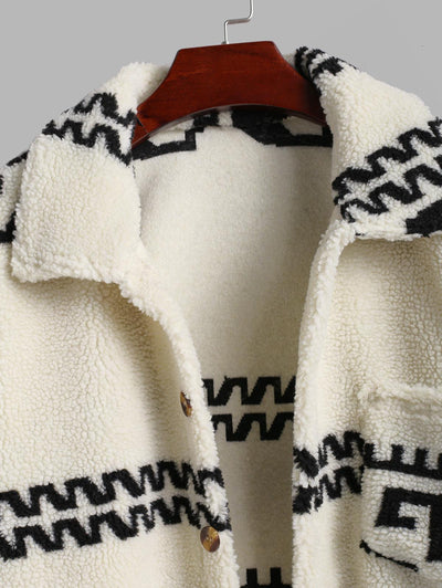 Men's Ethnic Style Aztec Print Faux Sherpa Pocket Design Single-breasted Jacket Kosyway