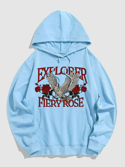 Men's Floral Rose Letter Eagle Pattern Kangaroo Pocket Pullover Hoodie