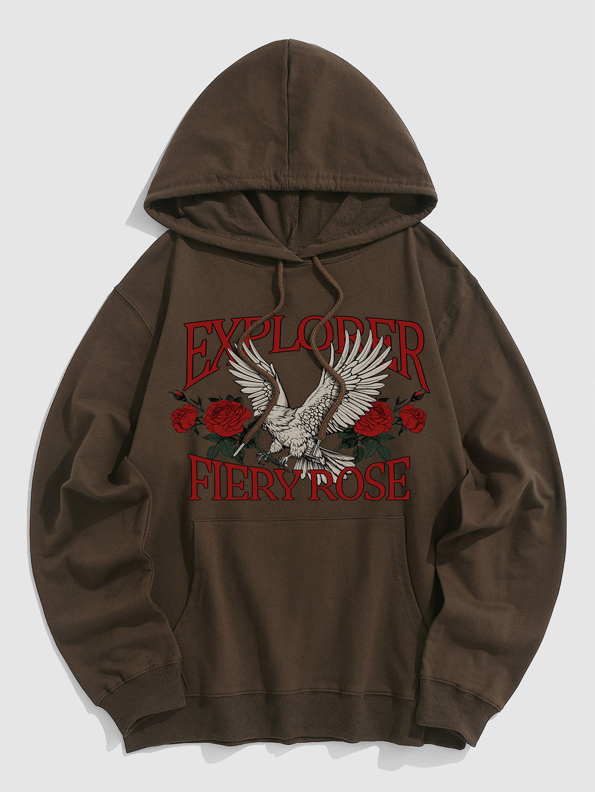 Men's Floral Rose Letter Eagle Pattern Kangaroo Pocket Pullover Hoodie