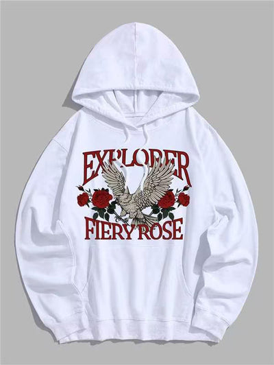 Men's Floral Rose Letter Eagle Pattern Kangaroo Pocket Pullover Hoodie