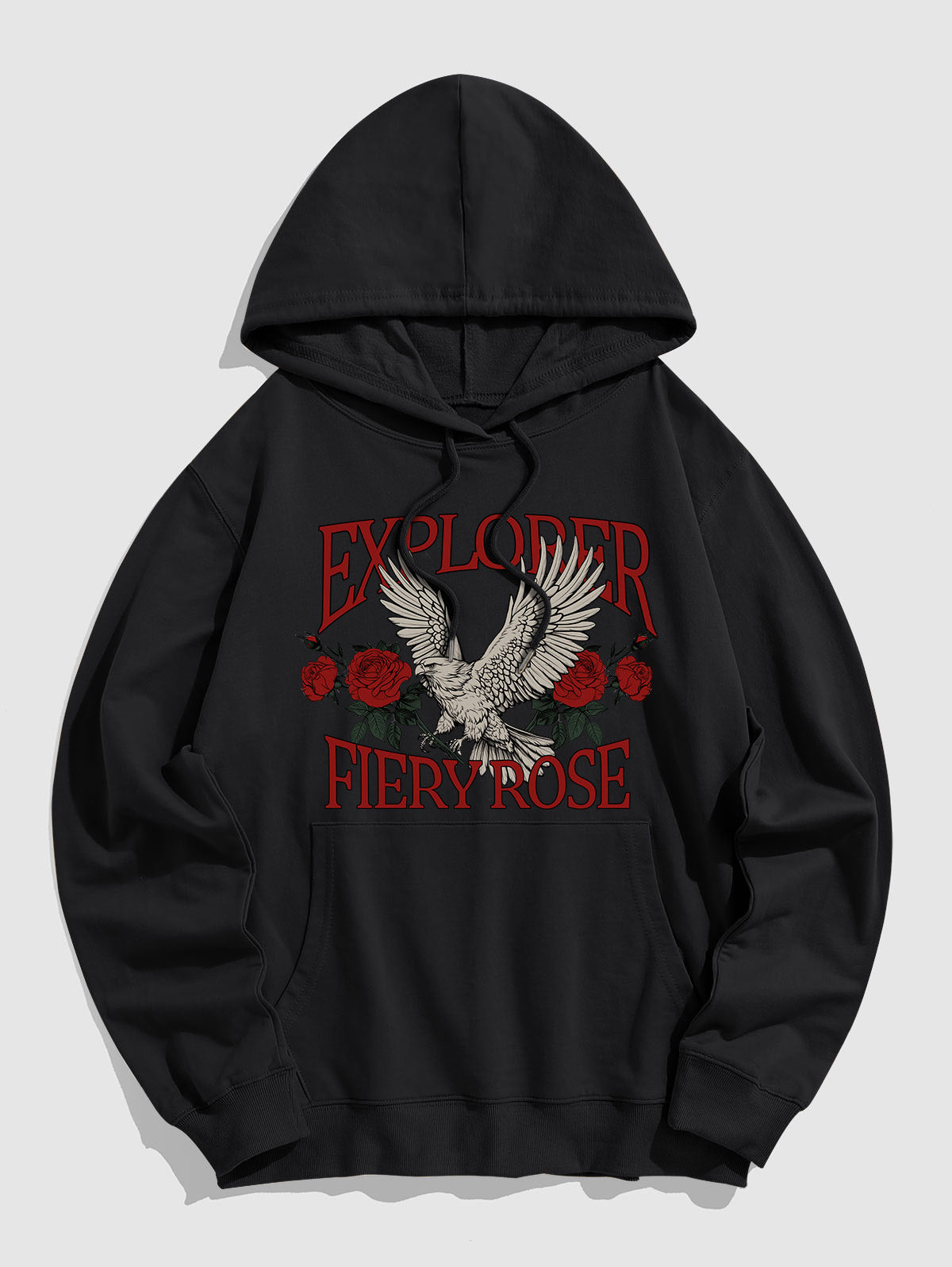 Men's Floral Rose Letter Eagle Pattern Kangaroo Pocket Pullover Hoodie