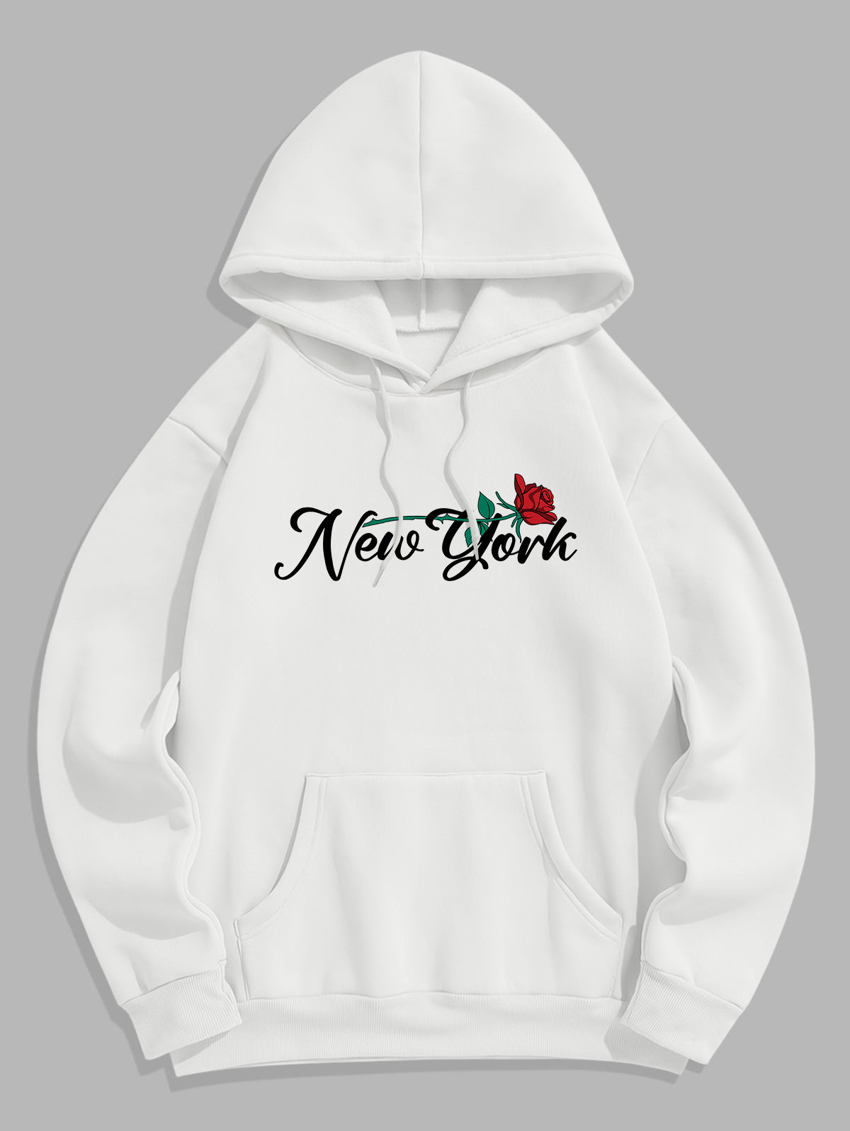 Men's New York Floral Rose Pattern Fuzzy Fleece-lined Kangaroo Pocket Design Pullover Hoodie