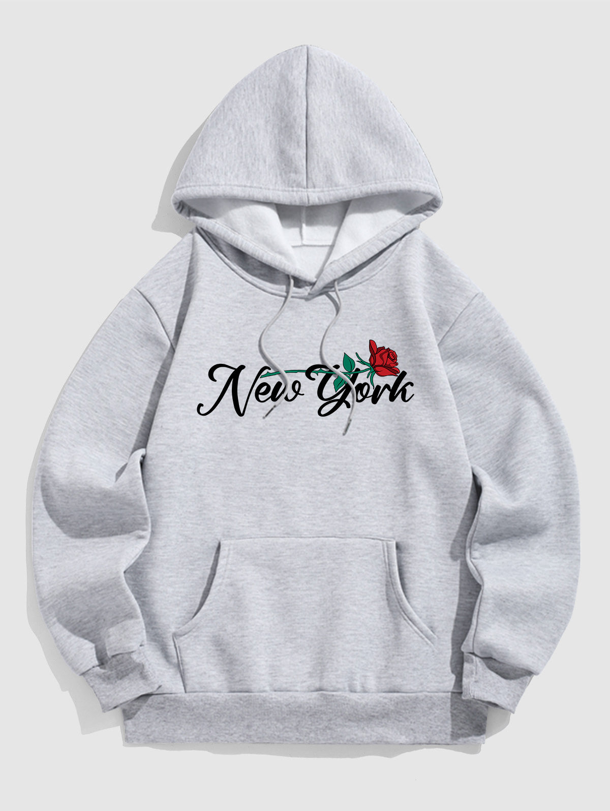 Men's New York Floral Rose Pattern Fuzzy Fleece-lined Kangaroo Pocket Design Pullover Hoodie