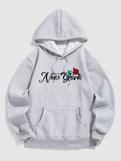 Men's New York Floral Rose Pattern Fuzzy Fleece-lined Kangaroo Pocket Design Pullover Hoodie