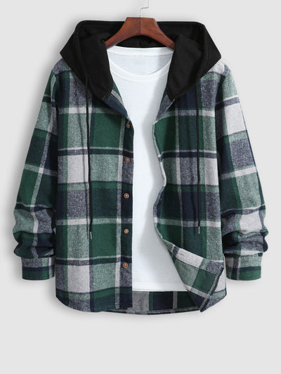 Men's Casual Plaid Pattern Single-breasted Hooded Jacket Kosyway