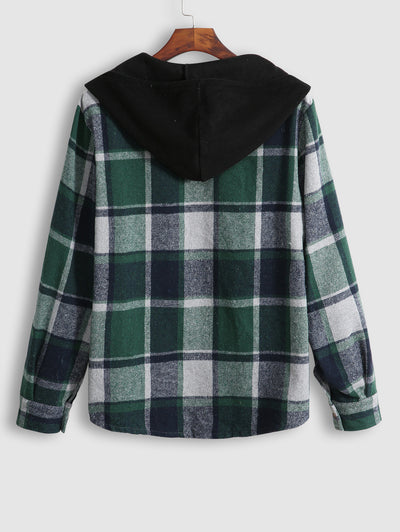 Men's Casual Plaid Pattern Single-breasted Hooded Jacket Kosyway