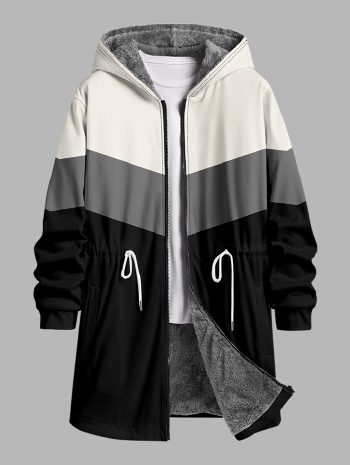 Men's Casual Colorblock Drawstring Waisted Zip Fly Fleece-lined Hooded Long Coat