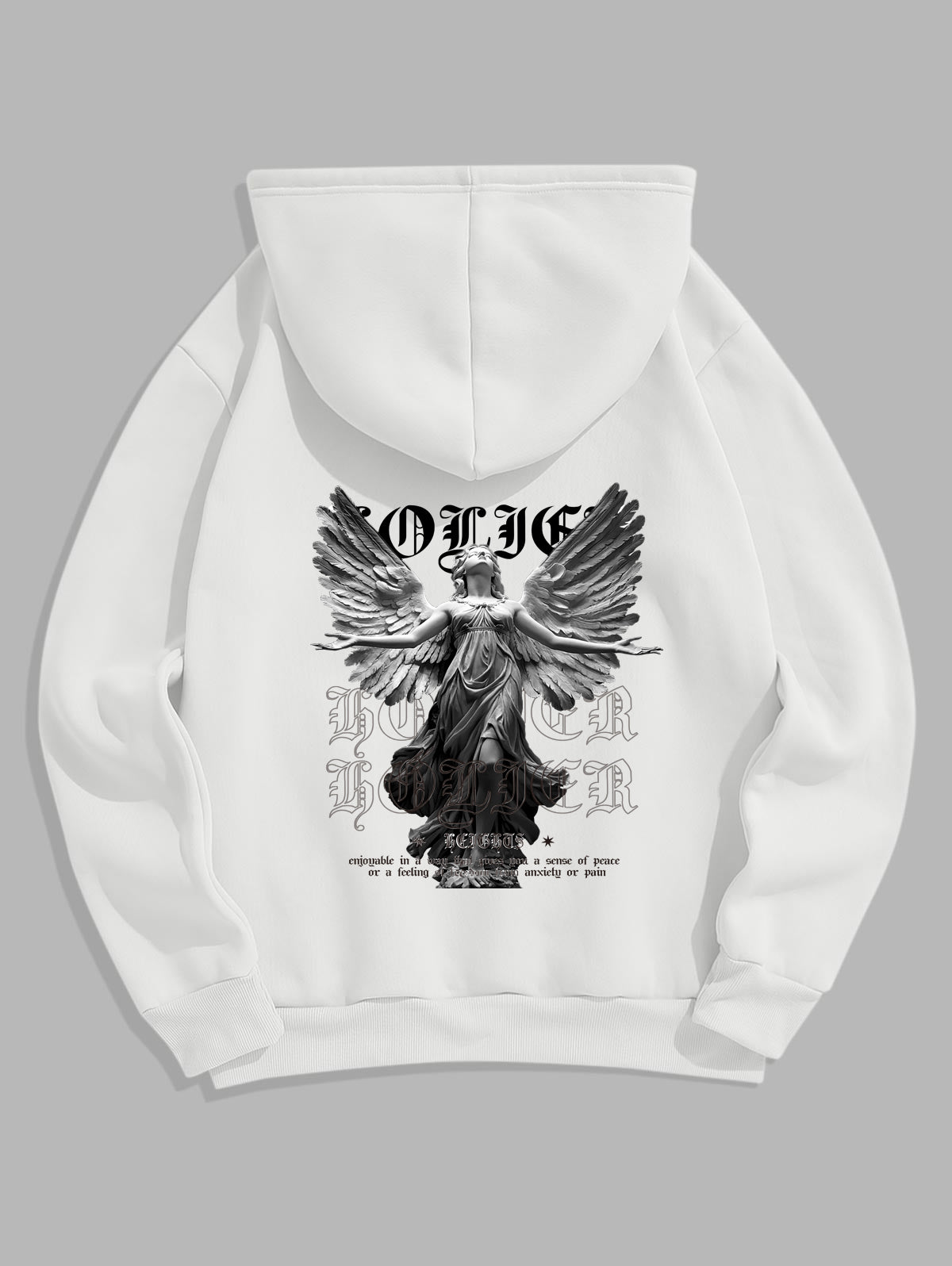 Men's Letter Figure Statue With Wings Pattern Fuzzy Fleece-lined Kangaroo Pocket Design Pullover Hoodie