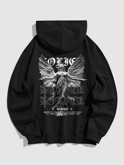 Men's Letter Figure Statue With Wings Pattern Fuzzy Fleece-lined Kangaroo Pocket Design Pullover Hoodie