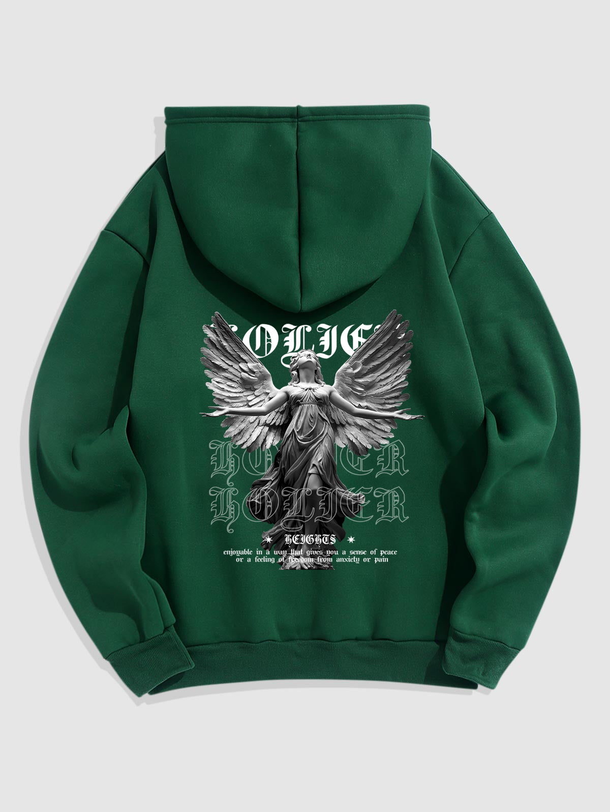 Men's Letter Figure Statue With Wings Pattern Fuzzy Fleece-lined Kangaroo Pocket Design Pullover Hoodie