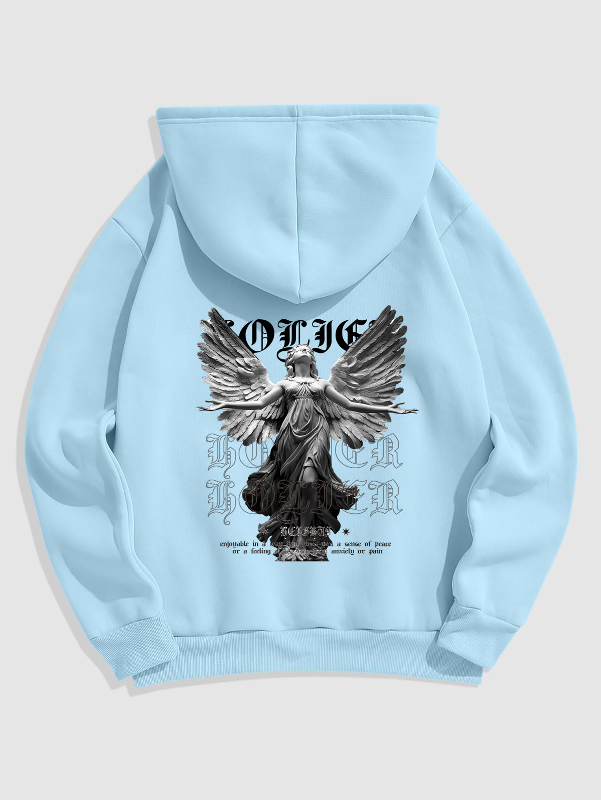 Men's Letter Figure Statue With Wings Pattern Fuzzy Fleece-lined Kangaroo Pocket Design Pullover Hoodie