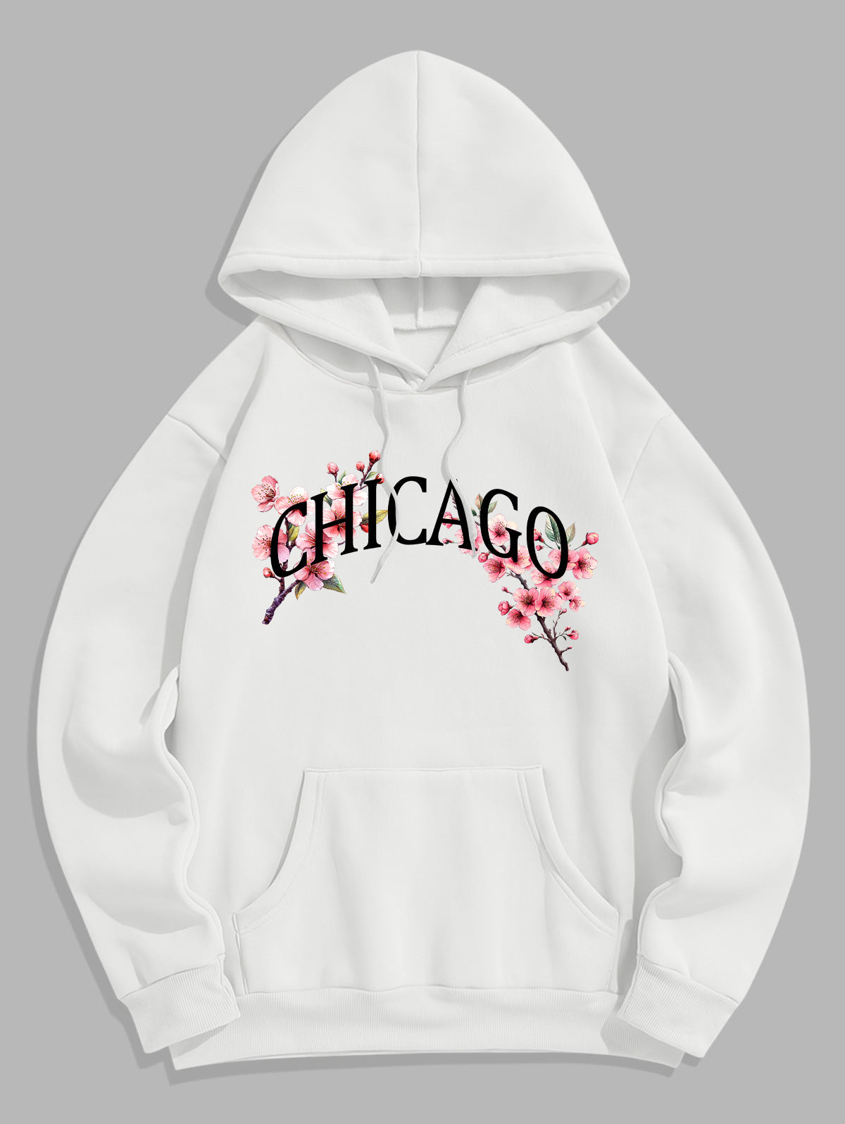 Men's CHICAGO Peach Blossom Pattern Fuzzy Fleece-lined Kangaroo Pocket Design Pullover Hoodie