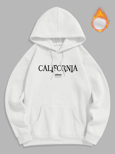 Men's Casual Letter California Pattern Fuzzy Fleece-lined Kangaroo Pocket Design Pullover Hoodie