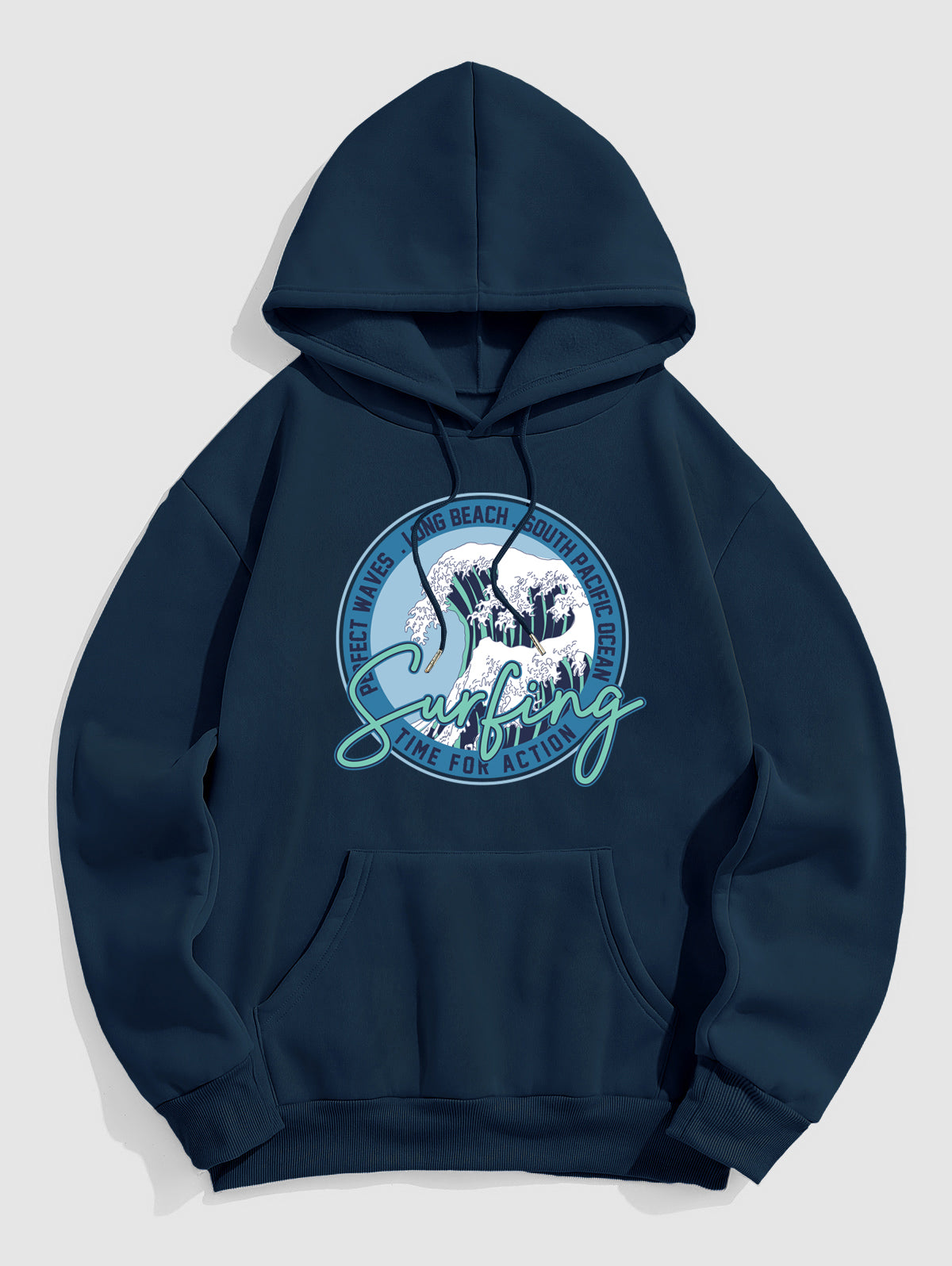 Men's Surfing Letter Ocean Waves Pattern Fuzzy Fleece-lined Kangaroo Pocket Design Pullover Hoodie Kosyway