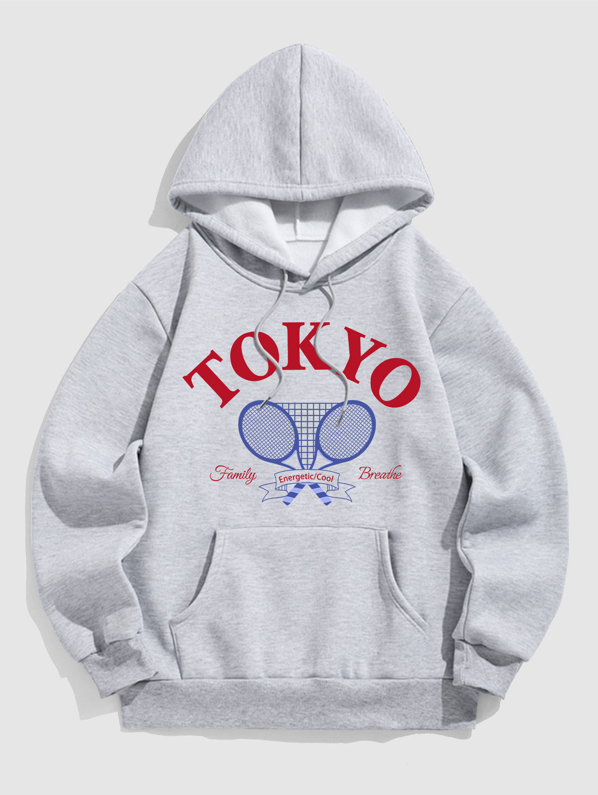 Men's TOKYO Letter Tennis Racquet Graphic Pattern Fuzzy Fleece-lined Kangaroo Pocket Design Pullover Hoodie Kosyway