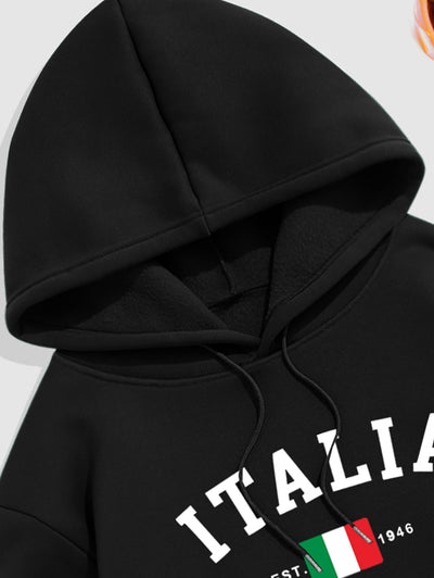 Men's ITALIA Flag Pattern Fuzzy Fleece-lined Kangaroo Pocket Design Pullover Hoodie Kosyway