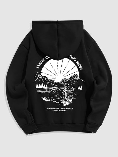 Men's Letter Slogan Mountain Sun Figure Pattern Fuzzy Fleece-lined Kangaroo Pocket Design Pullover Hoodie Kosyway