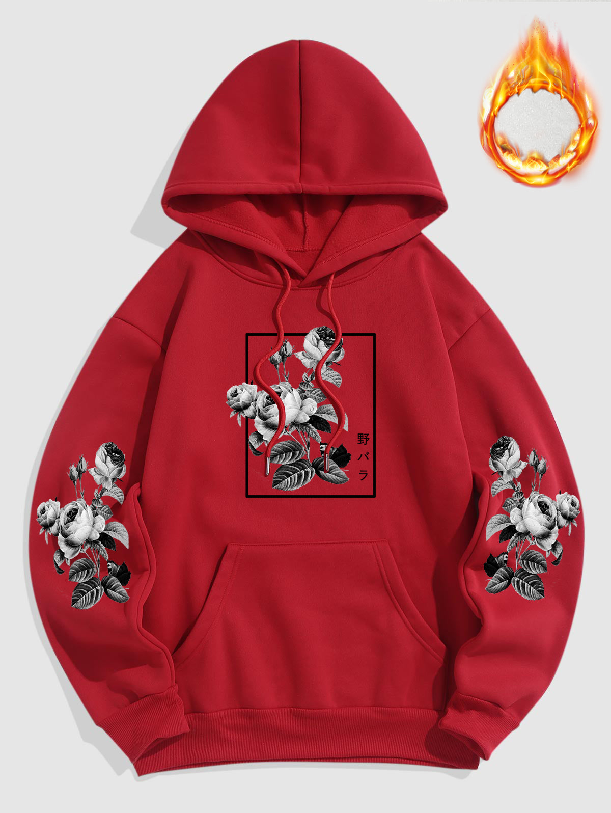 Men's Japanese Rose Graphic Pattern Fuzzy Fleece-lined Kangaroo Pocket Design Pullover Hoodie