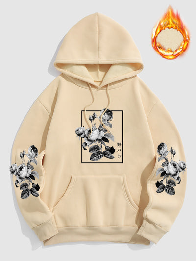 Men's Japanese Rose Graphic Pattern Fuzzy Fleece-lined Kangaroo Pocket Design Pullover Hoodie