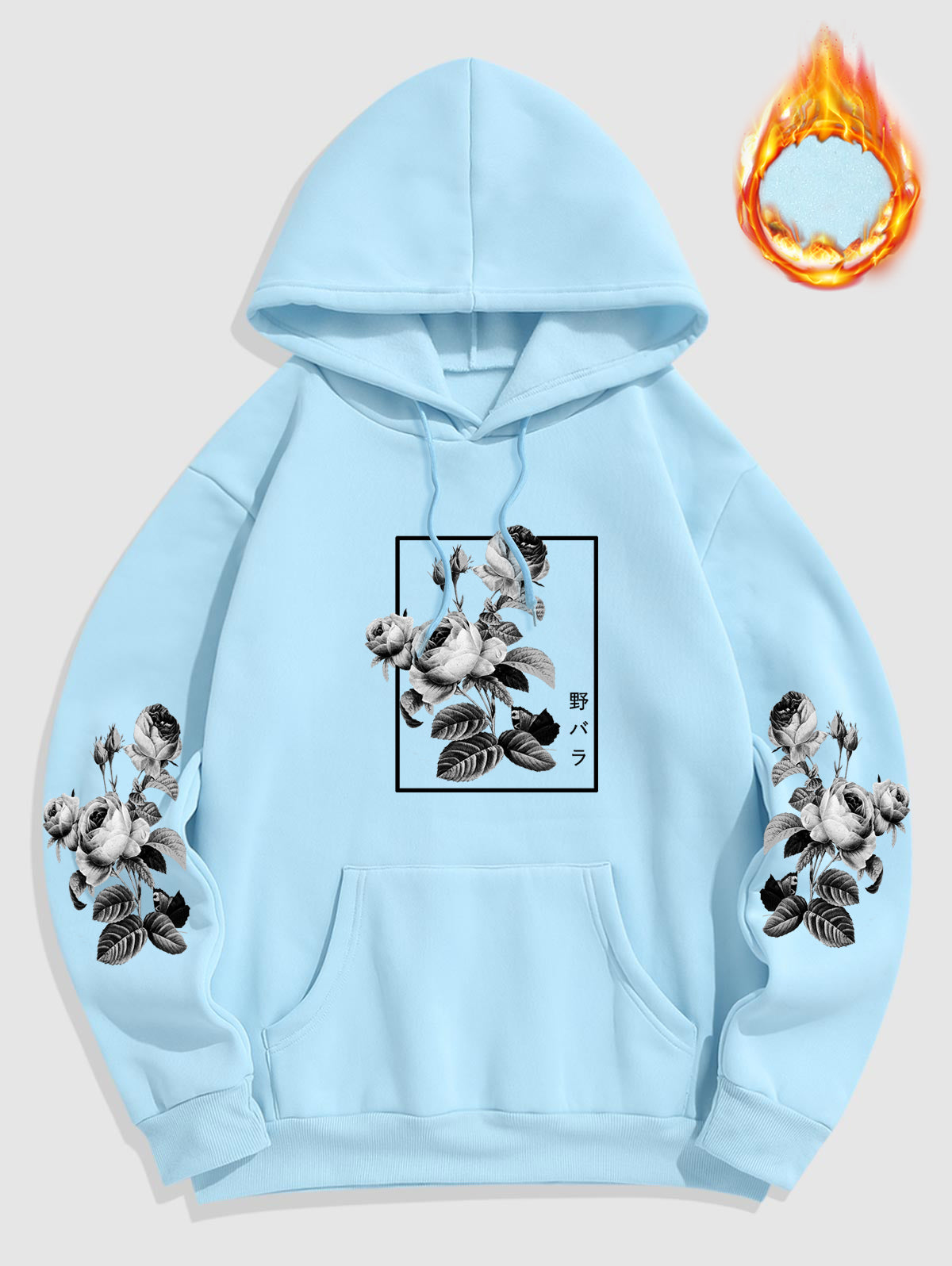 Men's Japanese Rose Graphic Pattern Fuzzy Fleece-lined Kangaroo Pocket Design Pullover Hoodie