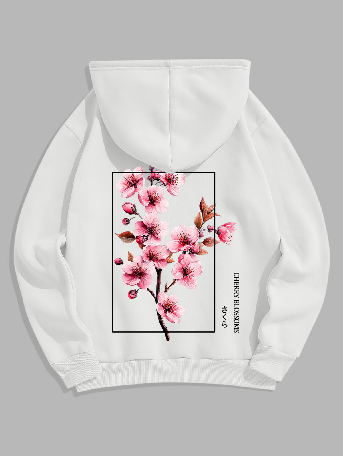 Men's Japanese Letter Cherry Blossoms Graphic Pattern Fuzzy Fleece-lined Kangaroo Pocket Design Pullover Hoodie