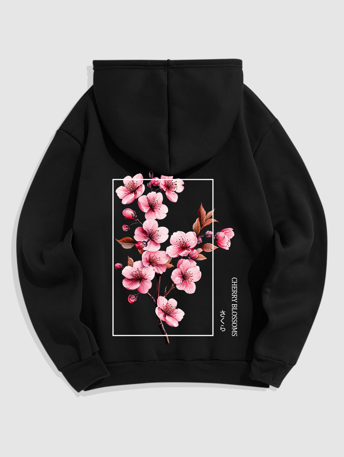 Men's Japanese Letter Cherry Blossoms Graphic Pattern Fuzzy Fleece-lined Kangaroo Pocket Design Pullover Hoodie