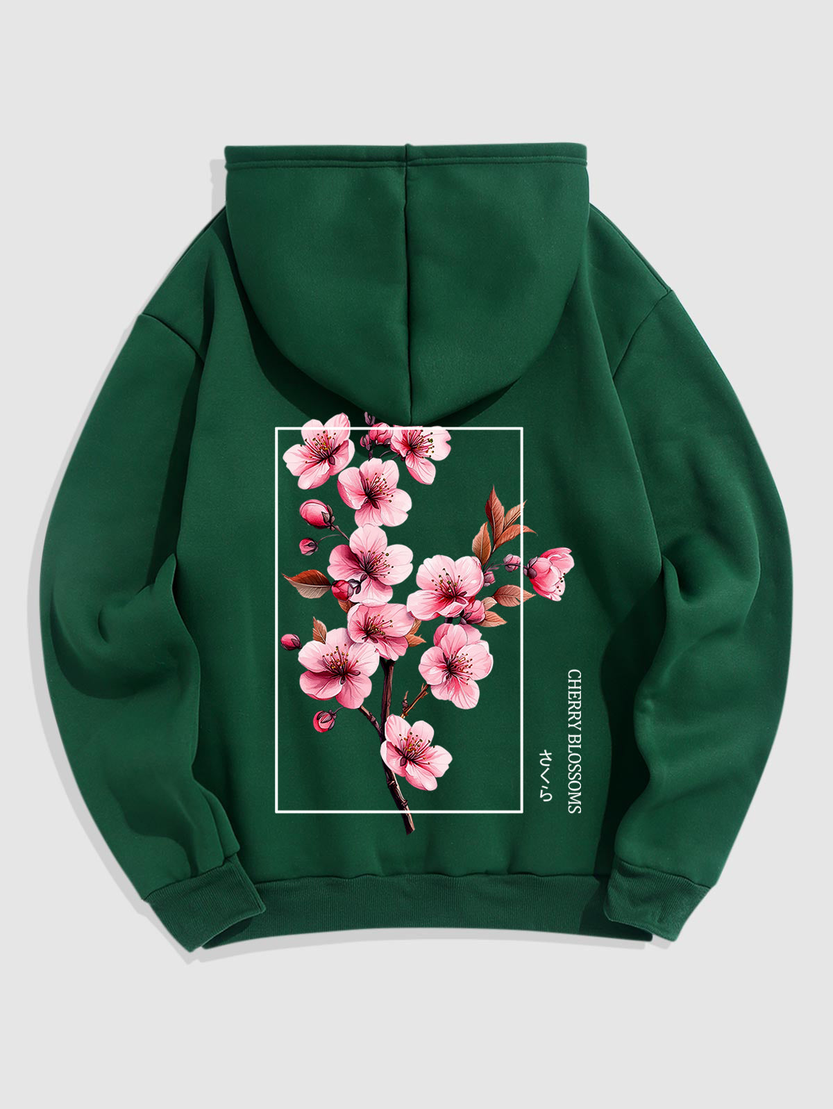 Men's Japanese Letter Cherry Blossoms Graphic Pattern Fuzzy Fleece-lined Kangaroo Pocket Design Pullover Hoodie