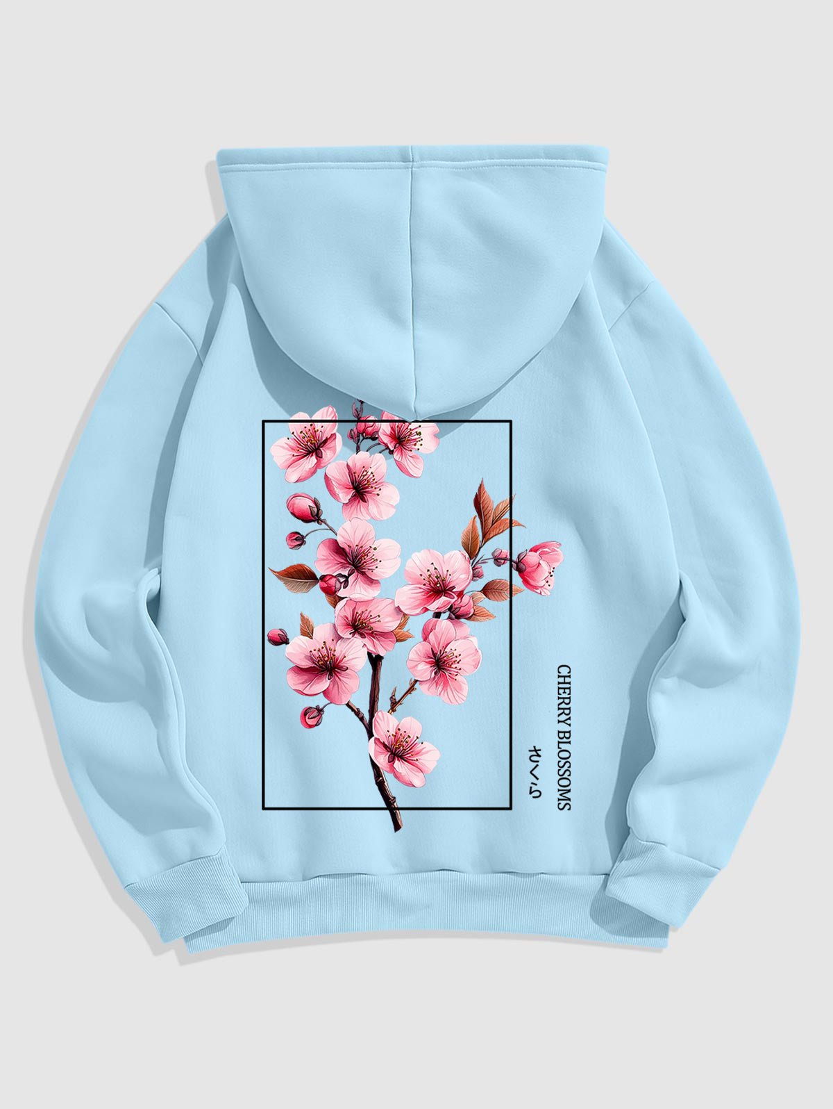 Men's Japanese Letter Cherry Blossoms Graphic Pattern Fuzzy Fleece-lined Kangaroo Pocket Design Pullover Hoodie