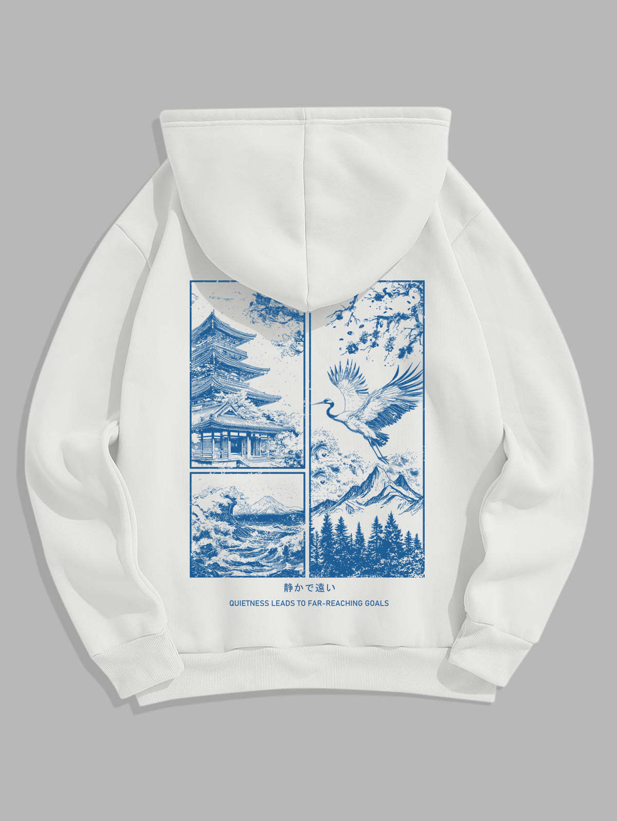 Men's Japanese Letter Landscape Mountain Tree Floral Crane Graphic Pattern Fuzzy Fleece-lined Kangaroo Pocket Design Pullover Hoodie Kosyway