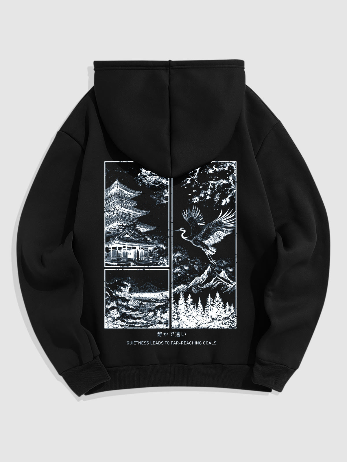 Men's Japanese Letter Landscape Mountain Tree Floral Crane Graphic Pattern Fuzzy Fleece-lined Kangaroo Pocket Design Pullover Hoodie Kosyway