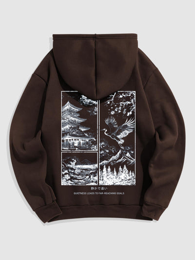 Men's Japanese Letter Landscape Mountain Tree Floral Crane Graphic Pattern Fuzzy Fleece-lined Kangaroo Pocket Design Pullover Hoodie Kosyway