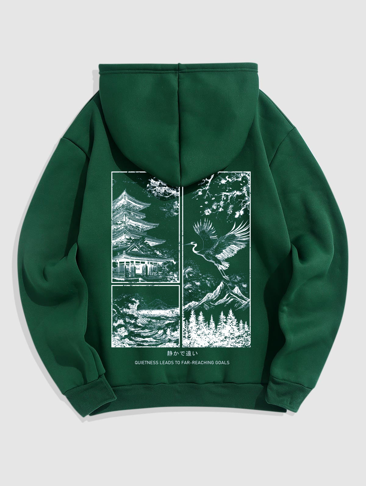 Men's Japanese Letter Landscape Mountain Tree Floral Crane Graphic Pattern Fuzzy Fleece-lined Kangaroo Pocket Design Pullover Hoodie Kosyway