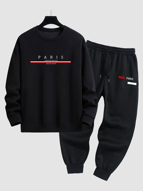 Men's PARIS Letter Graphic Printed Crew Neck Pullover Sweatshirt Set