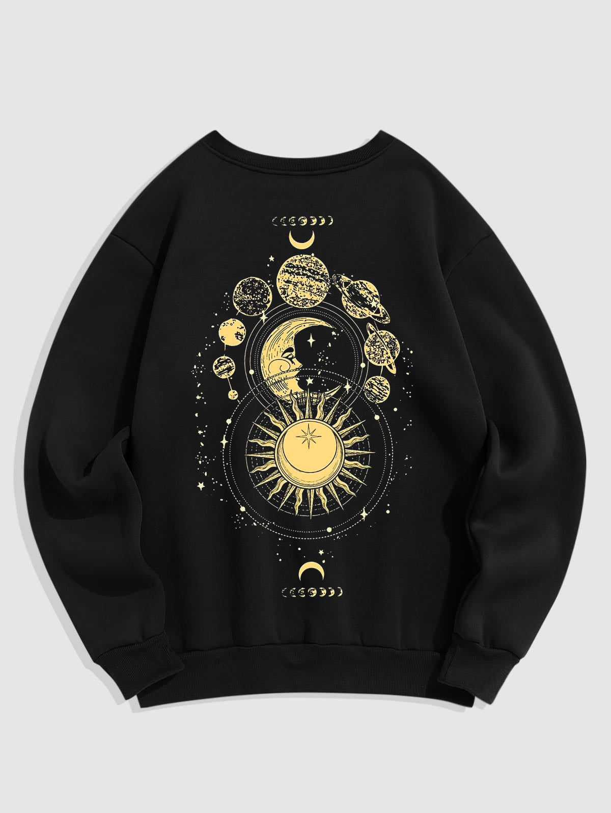 Men's Sun Moon Star Planet Pattern Fuzzy Fleece-lined Crew Neck Pullover Sweatshirt Kosyway