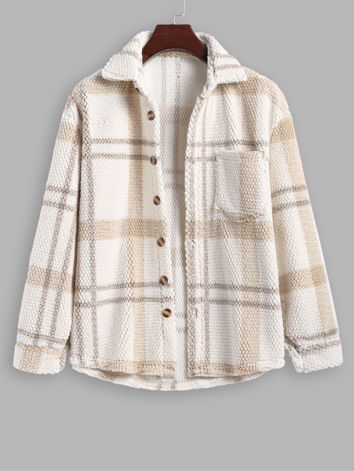 Men's Fuzzy Fleece Plaid Patten Pocket Design Single-breasted Jacket Kosyway