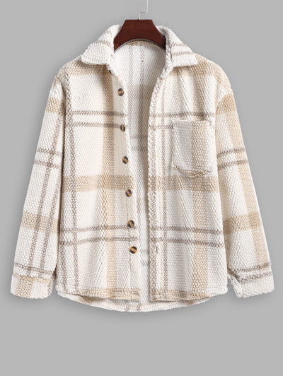 Men's Fuzzy Fleece Plaid Patten Pocket Design Single-breasted Jacket Kosyway