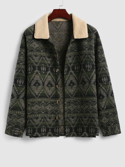 Men's Casual Ethnic Pattern Single-breasted Woolen Jacket Kosyway