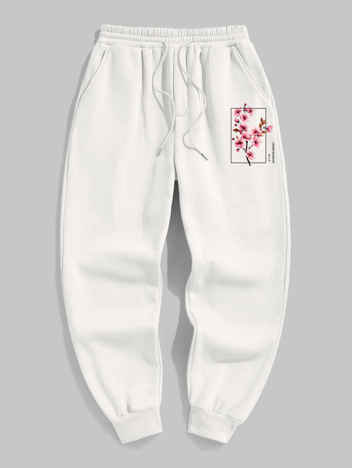 Men's Casual Japanese Letter Cherry Blossoms Graphic Pattern Fuzzy Fleece-lined Drawstring Jogger Sweatpants