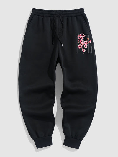 Men's Casual Japanese Letter Cherry Blossoms Graphic Pattern Fuzzy Fleece-lined Drawstring Jogger Sweatpants