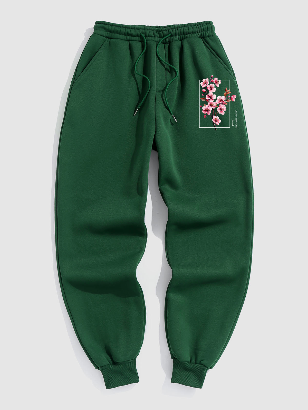 Men's Casual Japanese Letter Cherry Blossoms Graphic Pattern Fuzzy Fleece-lined Drawstring Jogger Sweatpants